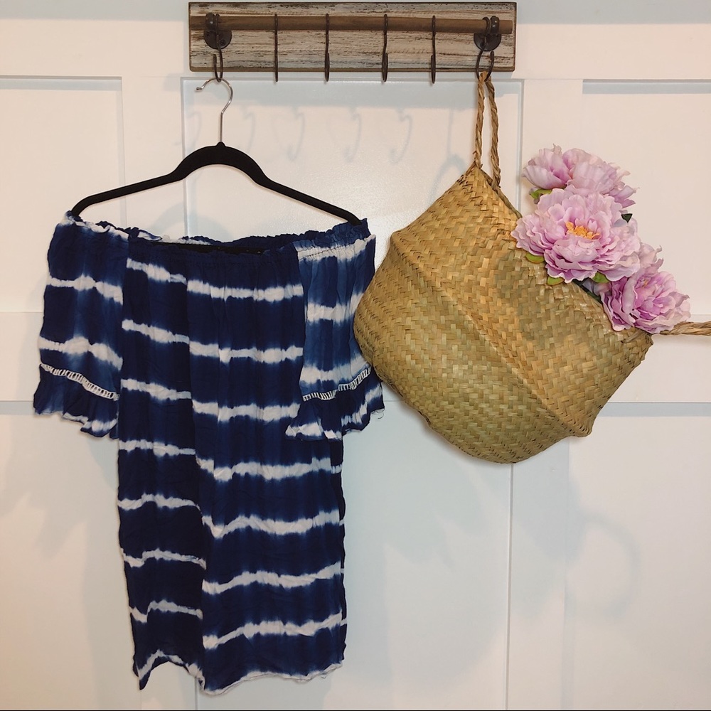Jodiful Blue White Tie Die Off Shoulder Dress